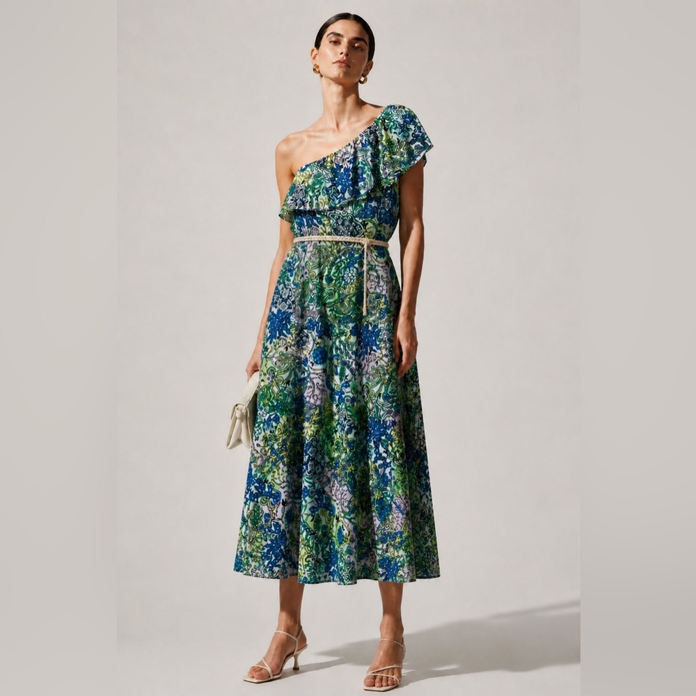 A.L.C. Cotton Silk Blend One Shoulder Naomi Ruffle Dress Bright Print. Size Xs.